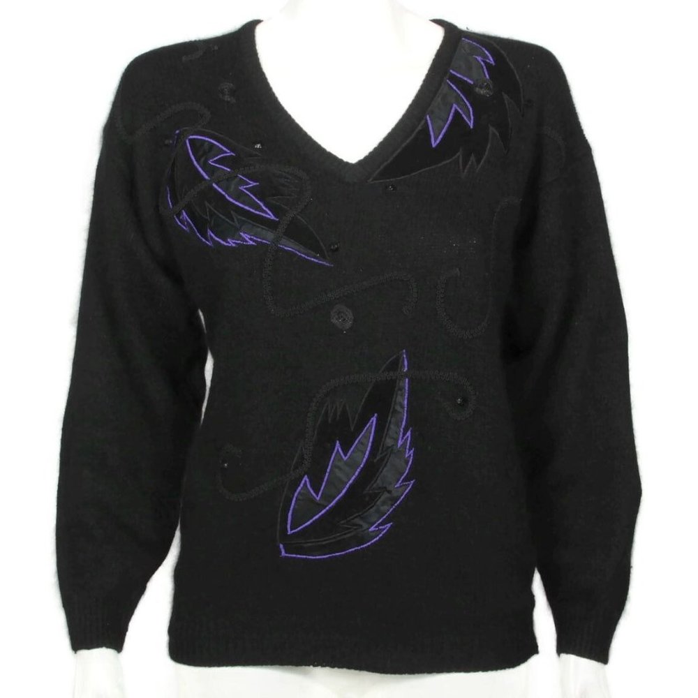 NWT Vintage 80's Applique Black Purple Silk Angora Shoulder Pad Sweater sz M 595